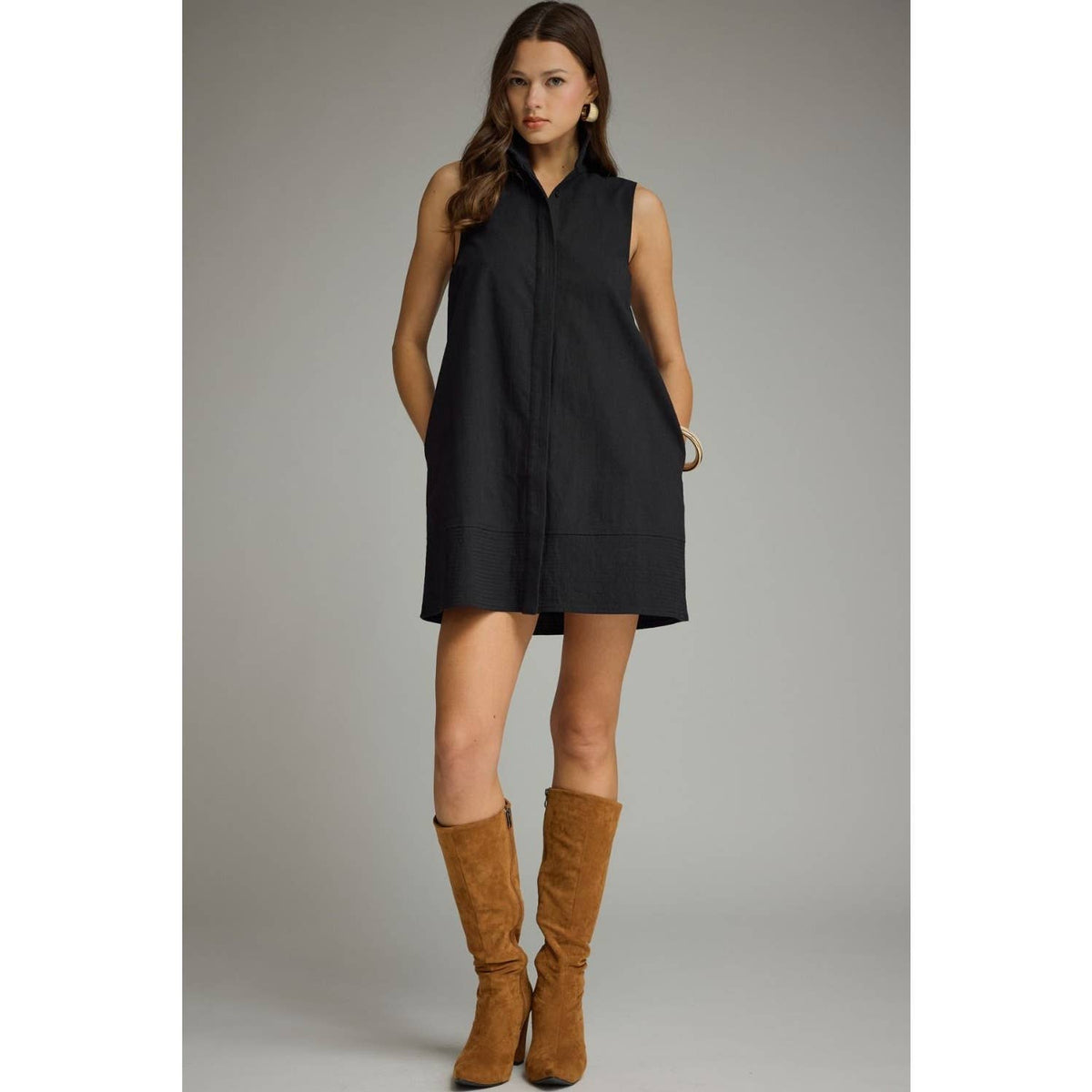 NEW Solid stand collar sleeveless mini dress