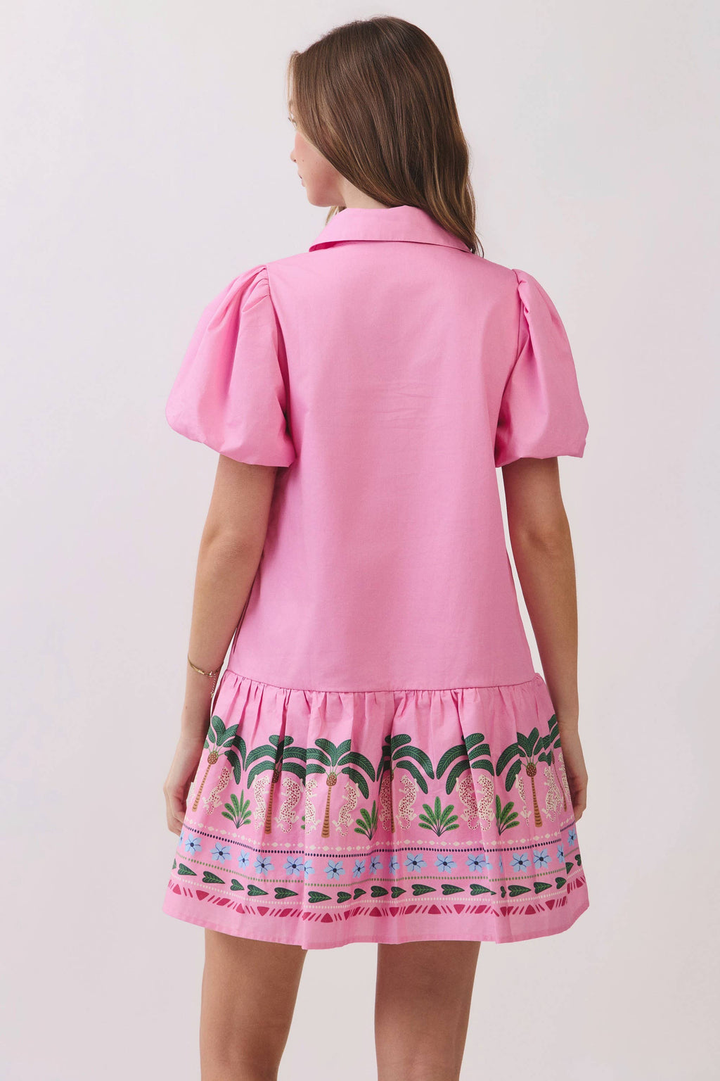Tropical Border Puff Sleeve Mini Dress