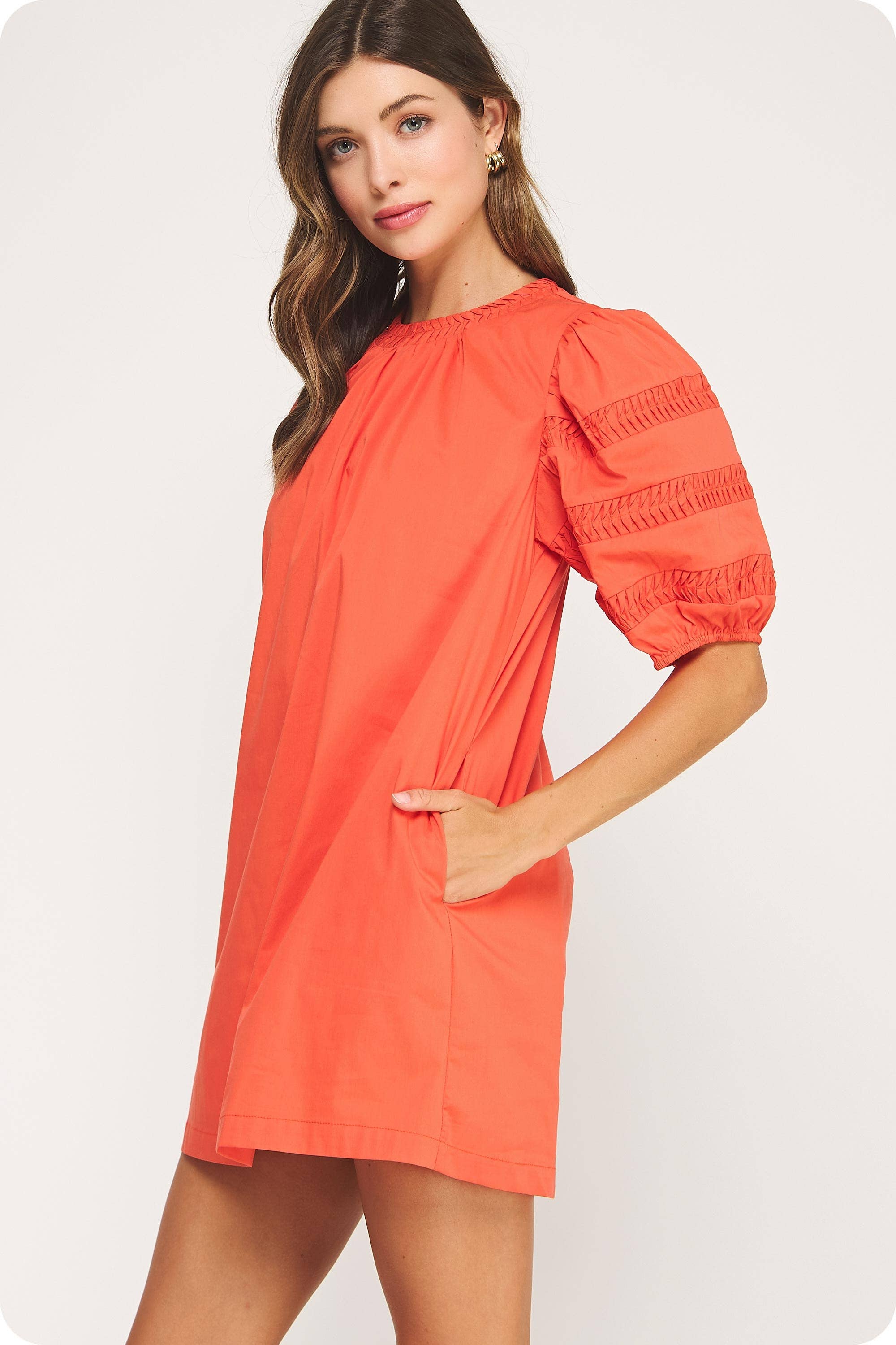 Reverse Pintuck Puff Sleeve Mini Dress