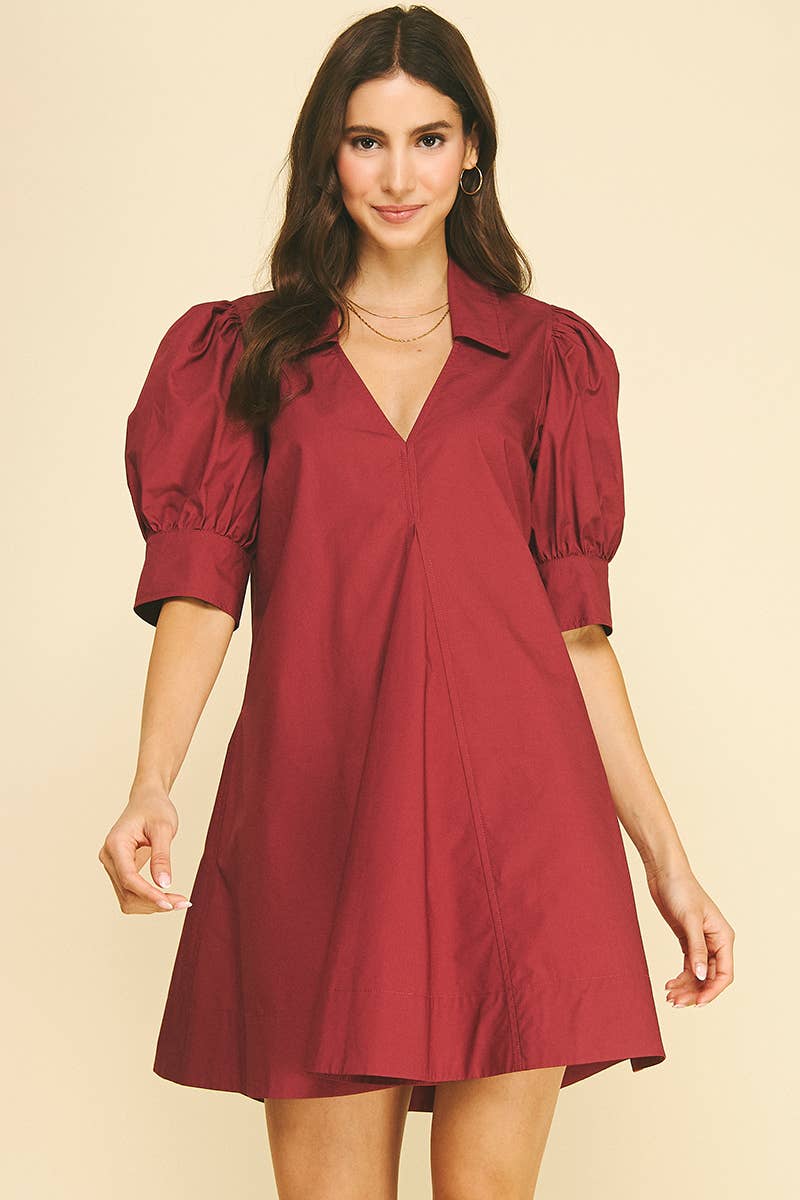 PUFF SLEEVE V-NECK MINI DRESS Garnet
