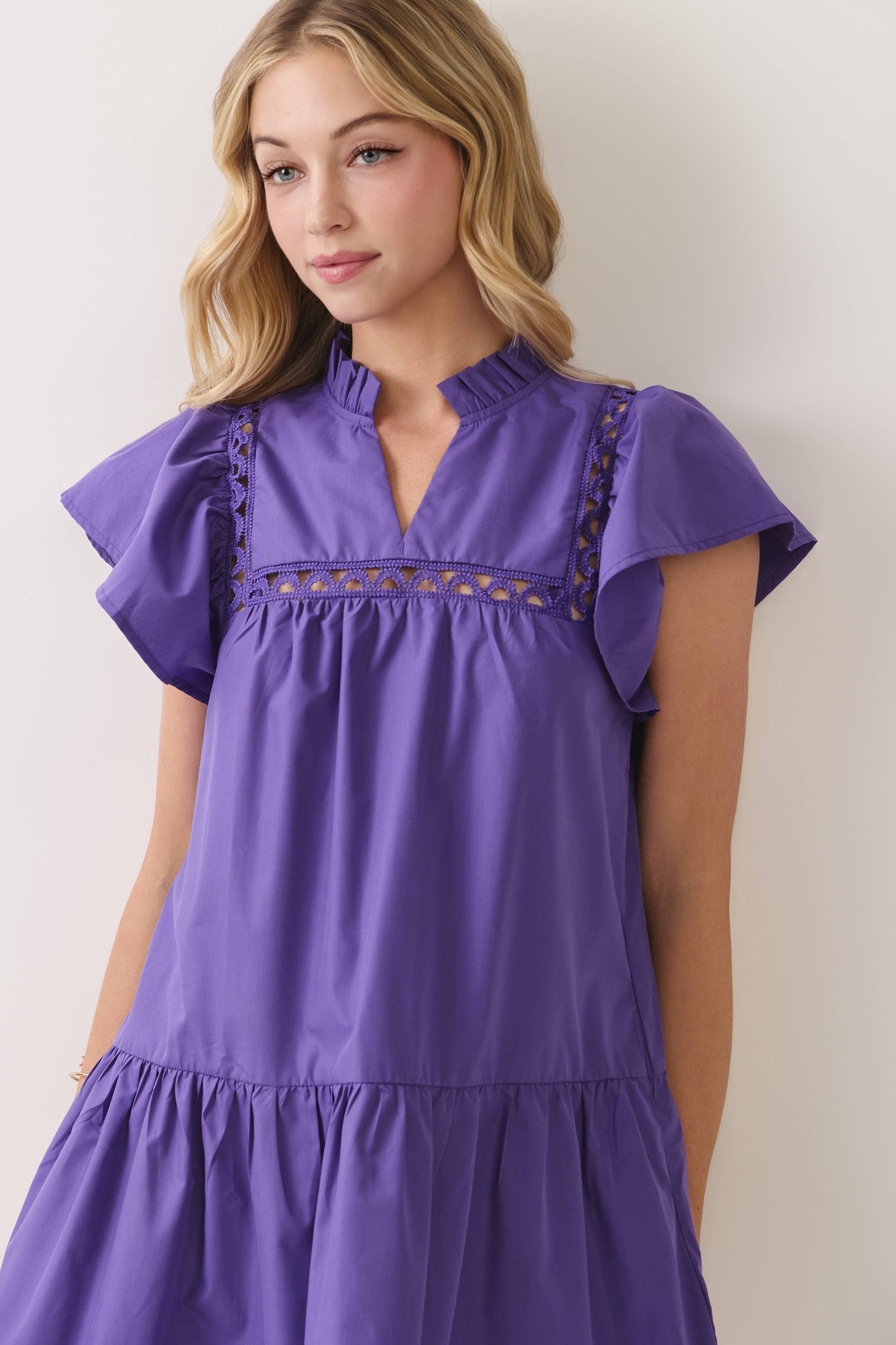 Lace Trim Flutter Sleeve Mini Dress