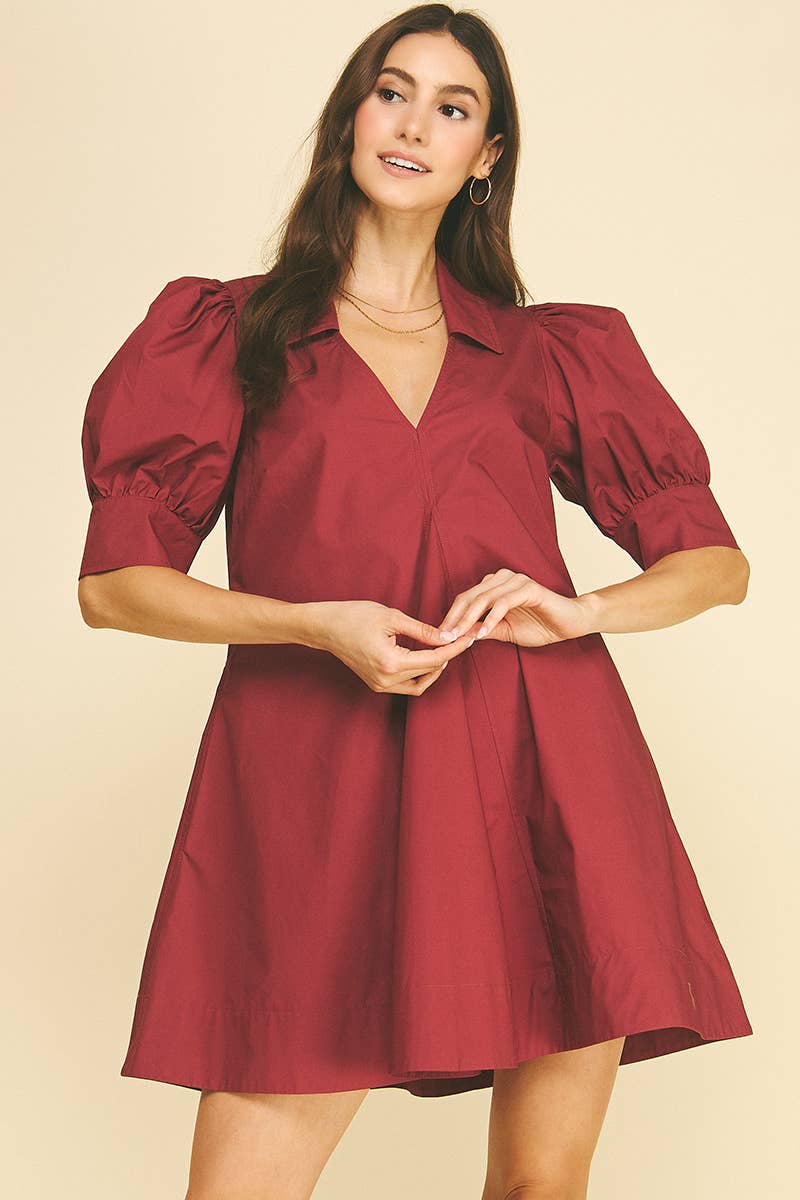 PUFF SLEEVE V-NECK MINI DRESS Garnet
