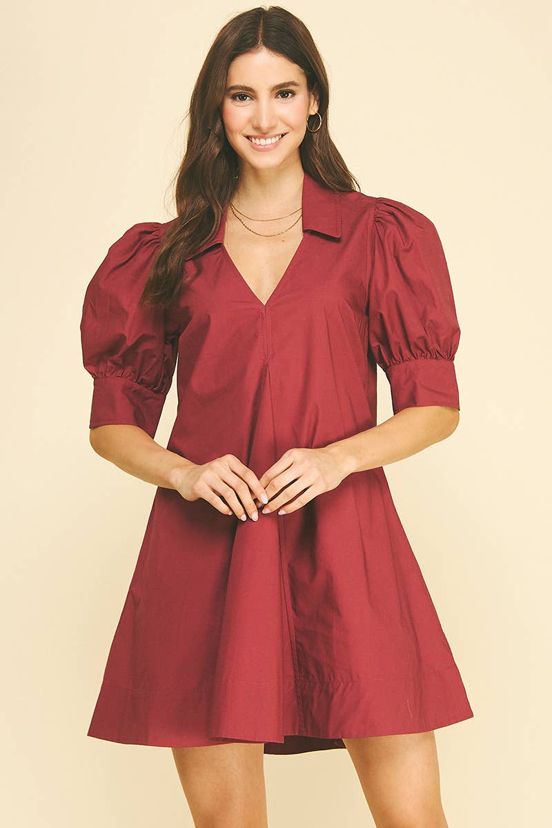 PUFF SLEEVE V-NECK MINI DRESS Garnet