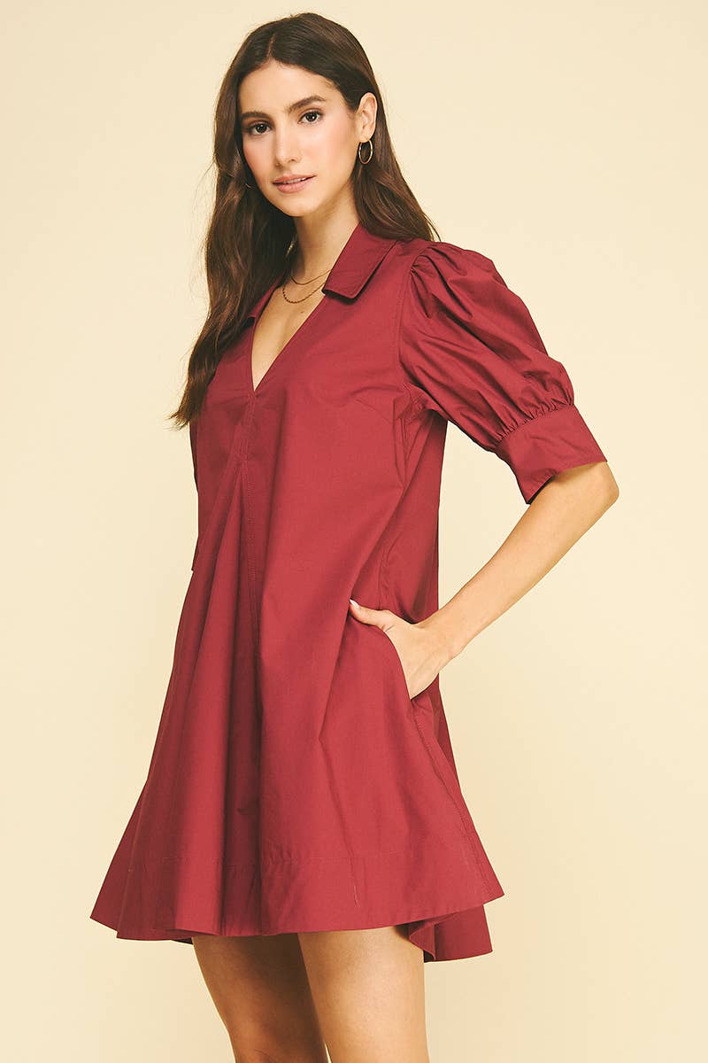 PUFF SLEEVE V-NECK MINI DRESS Garnet