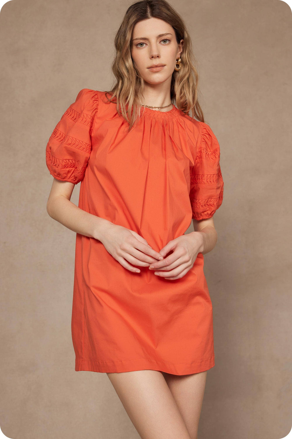 Reverse Pintuck Puff Sleeve Mini Dress