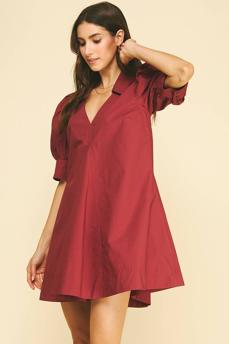 PUFF SLEEVE V-NECK MINI DRESS Garnet