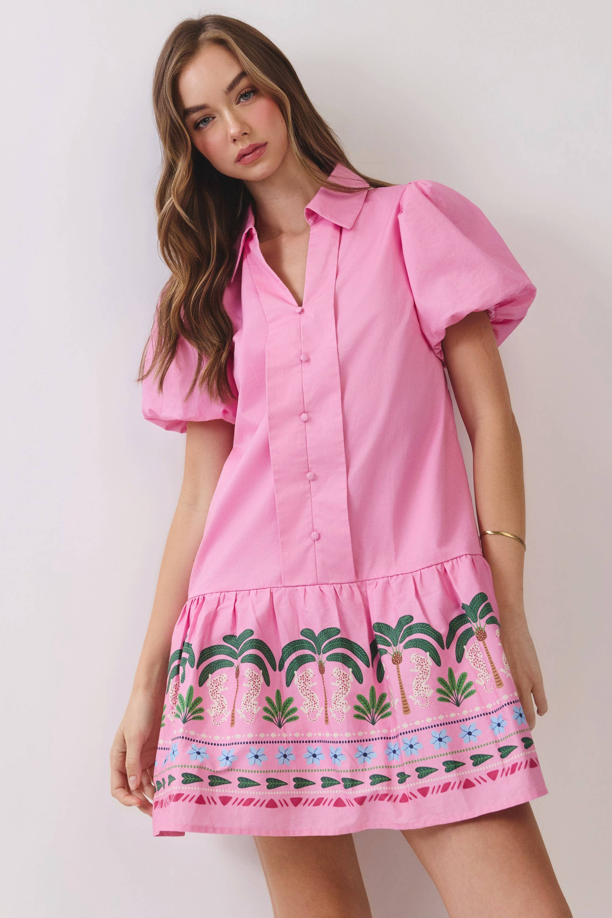Tropical Border Puff Sleeve Mini Dress