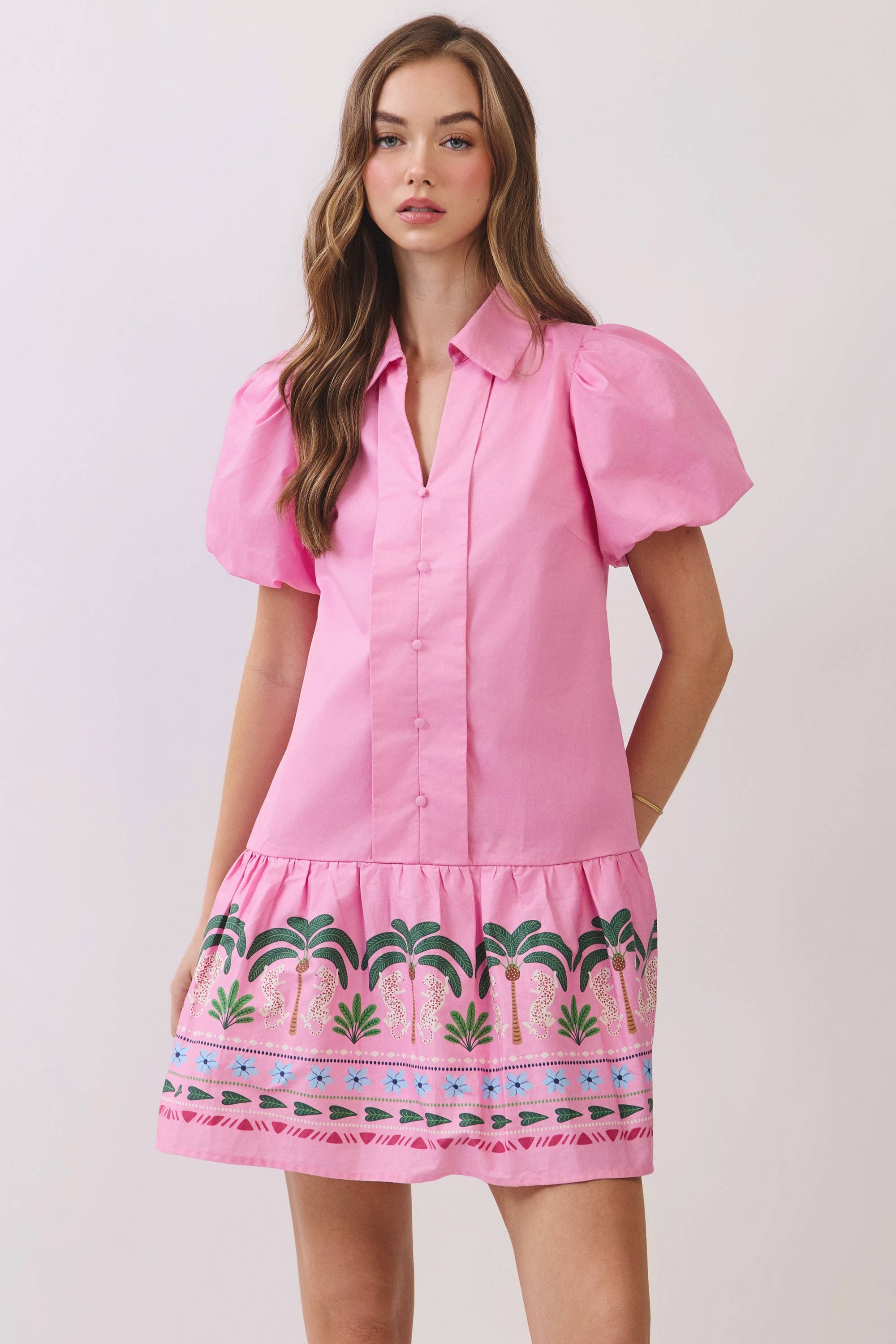Tropical Border Puff Sleeve Mini Dress