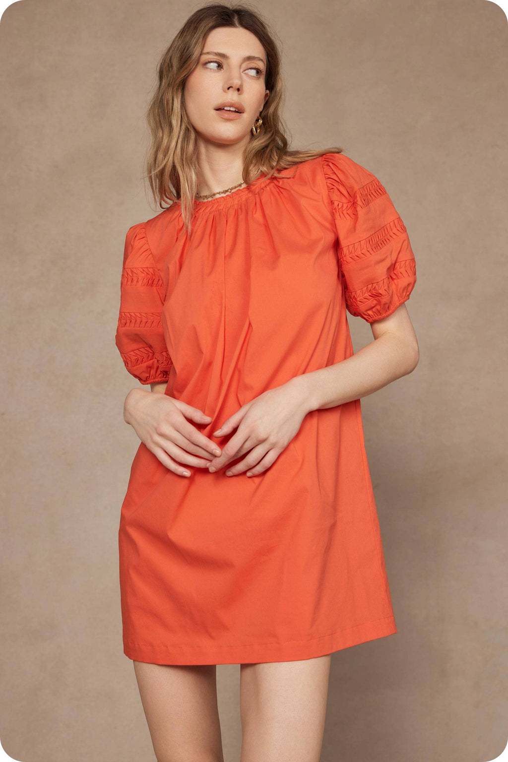 Reverse Pintuck Puff Sleeve Mini Dress