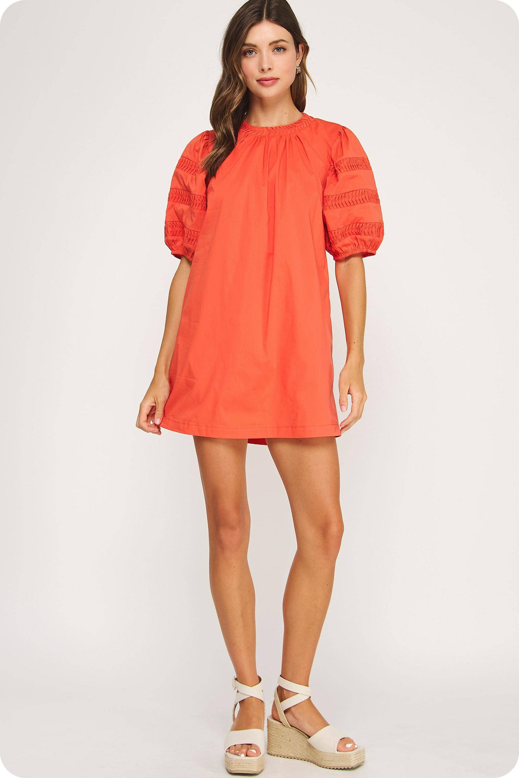 Reverse Pintuck Puff Sleeve Mini Dress