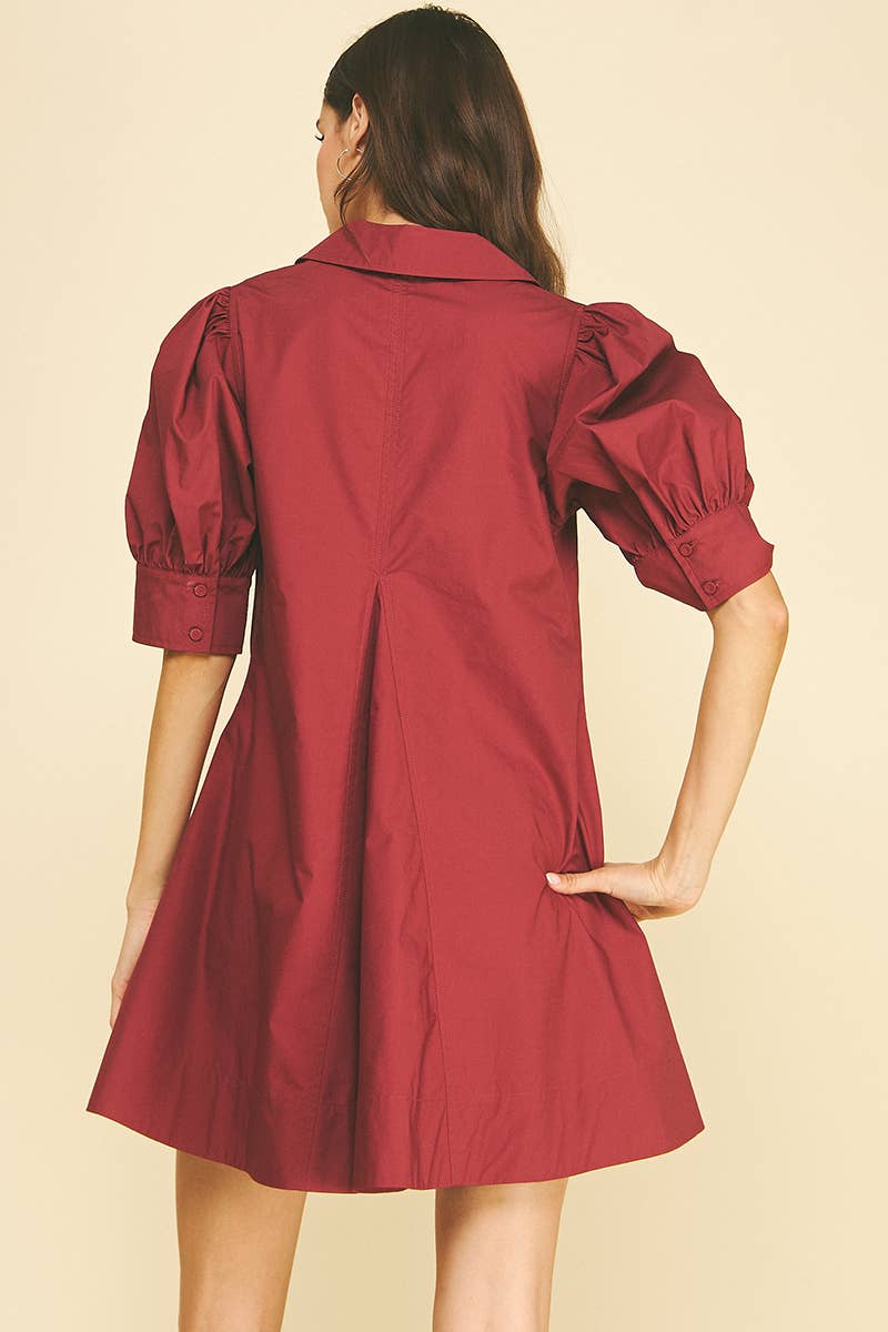 PUFF SLEEVE V-NECK MINI DRESS Garnet
