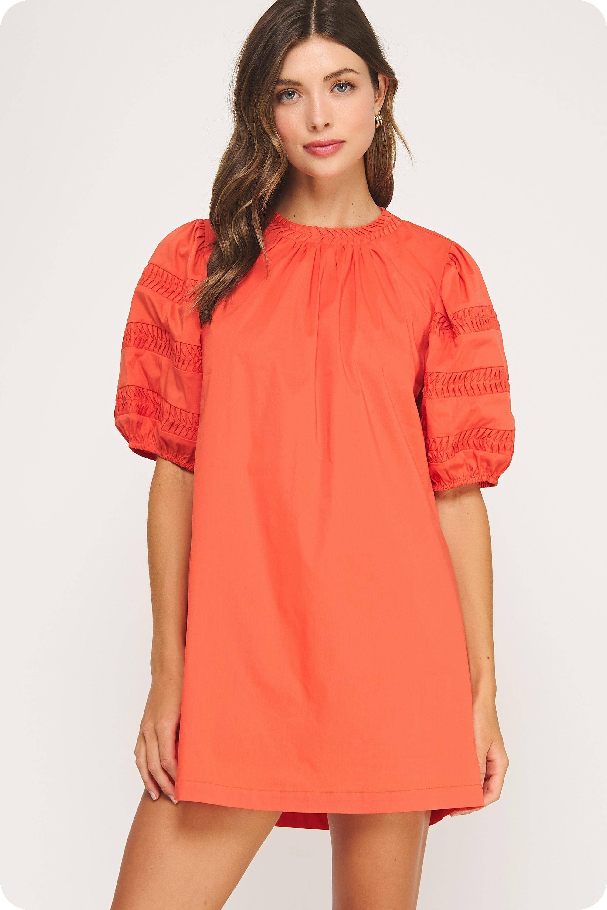Reverse Pintuck Puff Sleeve Mini Dress