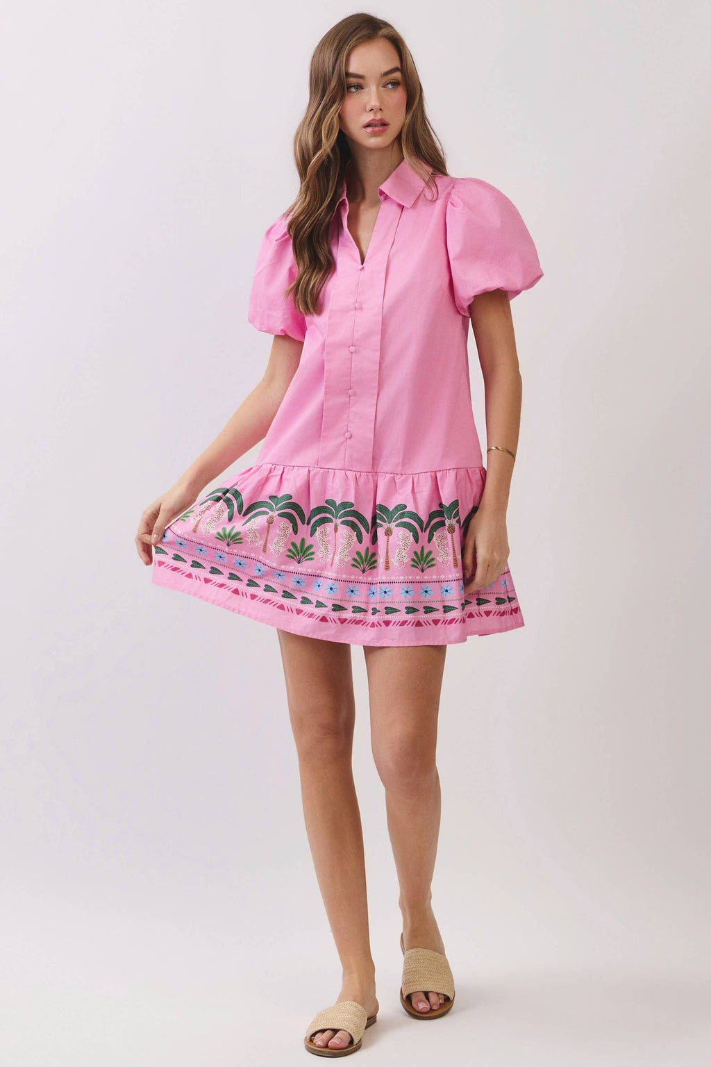 Tropical Border Puff Sleeve Mini Dress
